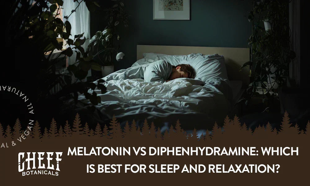melatonin vs diphenhydramine (featured blog image by Cheef Botanicals) shows a sleeping man on a bed