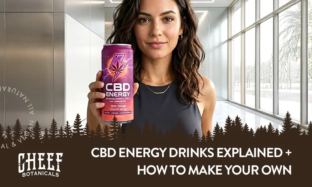 A woman in an office building holding a CBD energy drink (featured blog image by Cheef Botanicals)