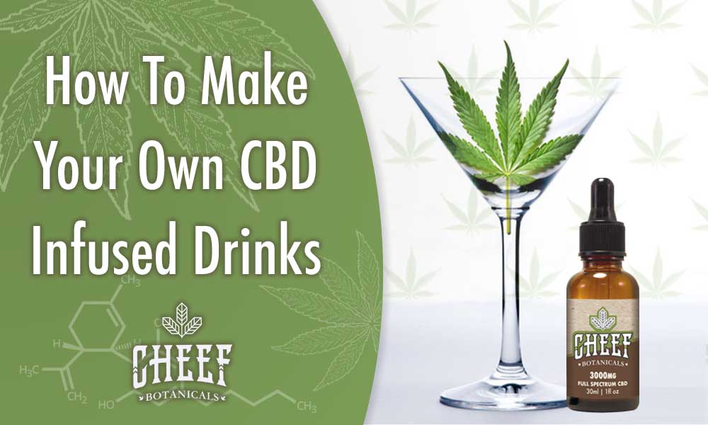 cbd infused drinks (featured blog image by Cheef Botanicals) shows a CBD infused drink and Cheef Botanicals CBD oil bottle