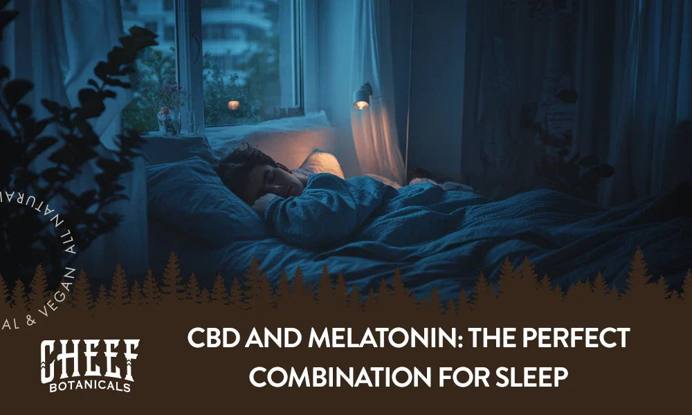 CBD and melatonin (featured blog image by Cheef Botanicals) shows a sleeping man in a dark room