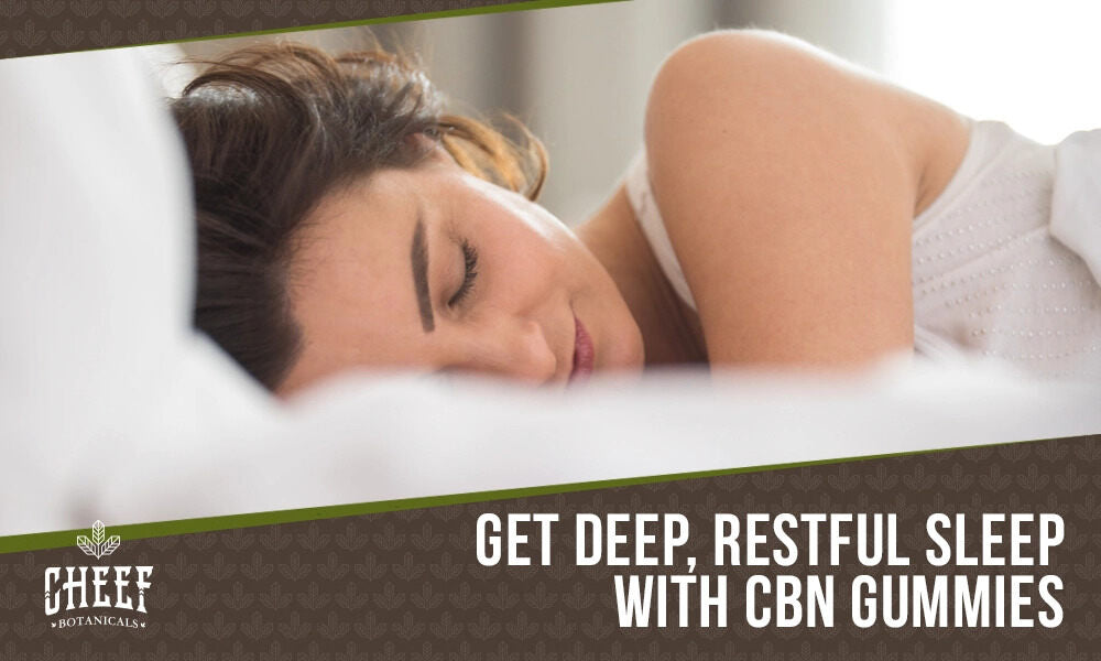 cbn gummies for sleep (featured blog image by Cheef Botanicals) shows a woman sleeping on a white bed