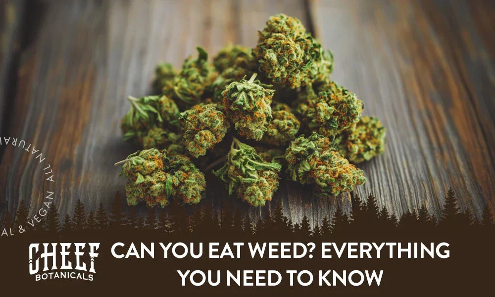 Can You Eat Weed (featured blog image for Cheef Botanicals) shows a pile of cannabis buds layed out on a wooden surface