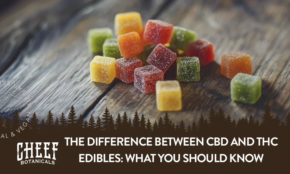 A bunch of CBD and THC edibles sitting on a wooden table.