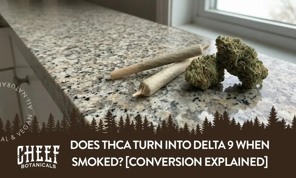 A couple cannabis buds and joints sitting on a granite counter with the title "Does THCa turn into Delta 9 when smoked".