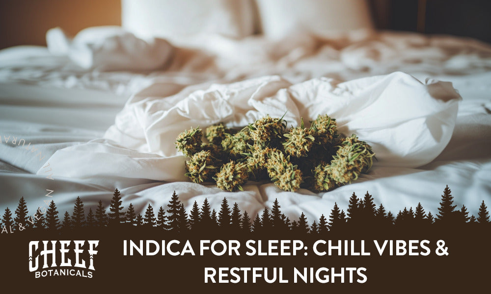 Indica for Sleep featured blog image by Cheef Botanicals. Shows a small pile of Indica buds placed on the sheets of a bed.