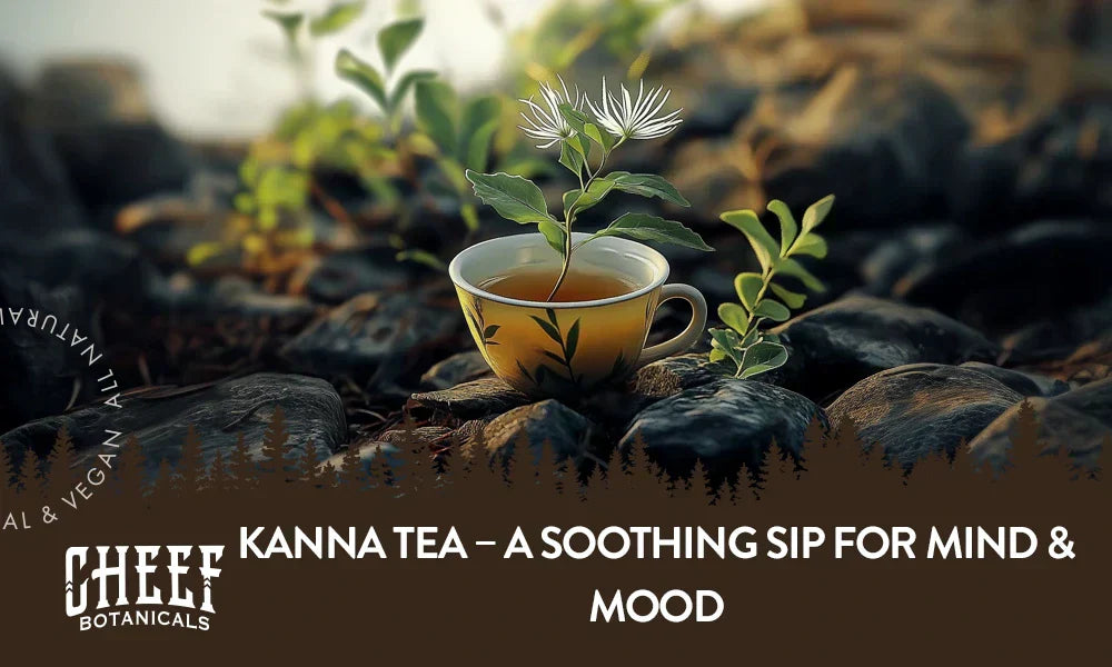 A cup of kanna tea sitting outside on a couple rocks.