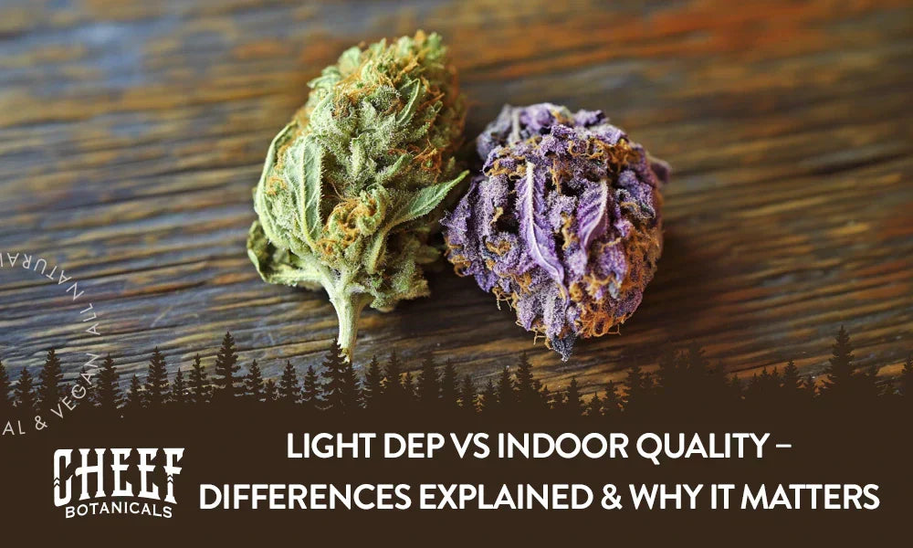 A green cannabis bud sitting next to a purple cannabis bud on a wooden table.