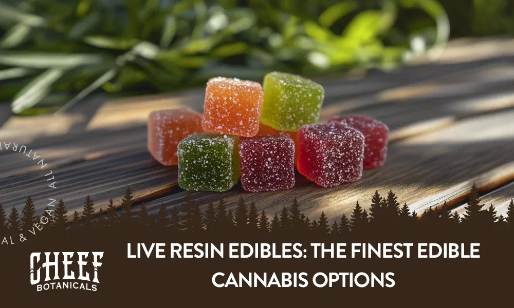 Live Resin Edibles featured blog image by Cheef Botanicals. Shows a small pile of colorful live resin gummies on o wooden surface.