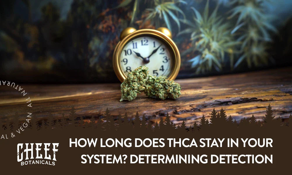 Two THCa buds sitting on a wooden table with a clock behind them.