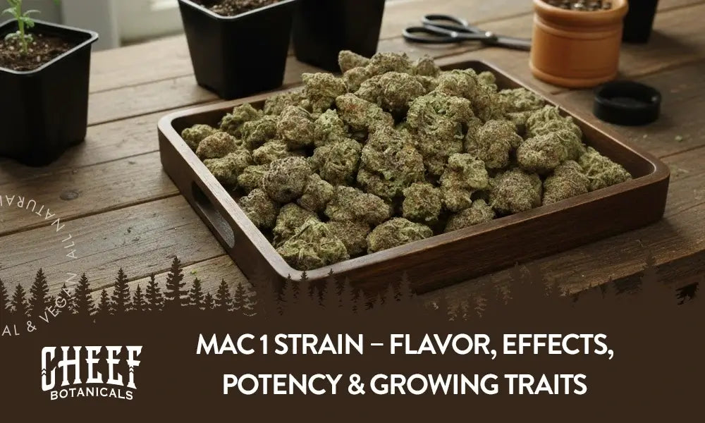 A bunch of MAC 1 cannabis buds sitting on a wooden table inside a wooden tray.