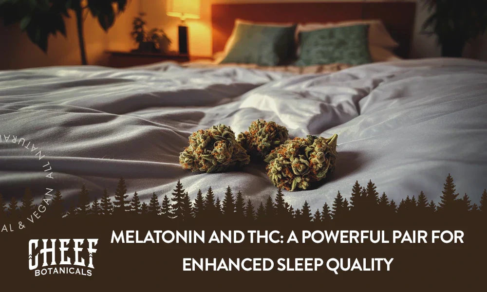 A couple of cannabis buds sitting on a bed with a title saying "Melatonin and THC".