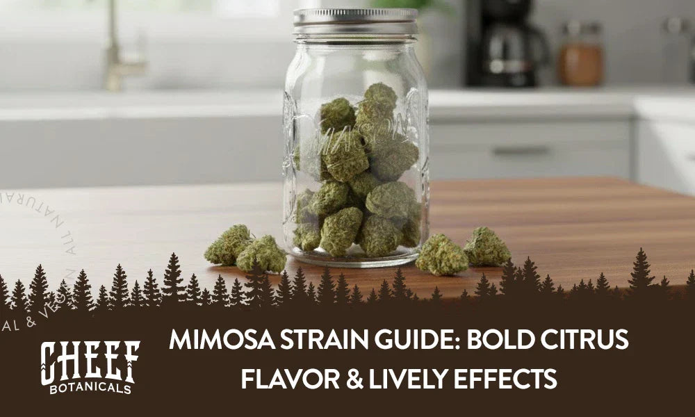 A jar of Mimosa cannabis buds sitting on a kitchen table.