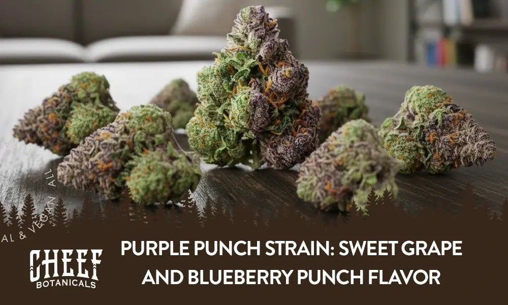 A bunch of Purple Punch cannabis buds sitting on a wooden table.