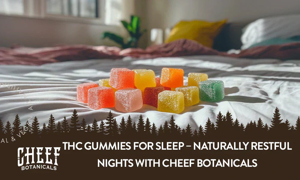 Featured blog image by Cheef Botanicals showing colorful gummies on a bed with the text “THC Gummies for Sleep – Naturally Restful Nights with Cheef Botanicals,” highlighting THC gummies for sleep.