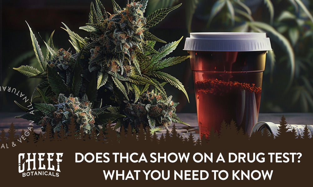 Does THCa Show On A Drug Test featured blog image by Cheef Botanicals. Shows some cannabis buds and a urine sample in a container