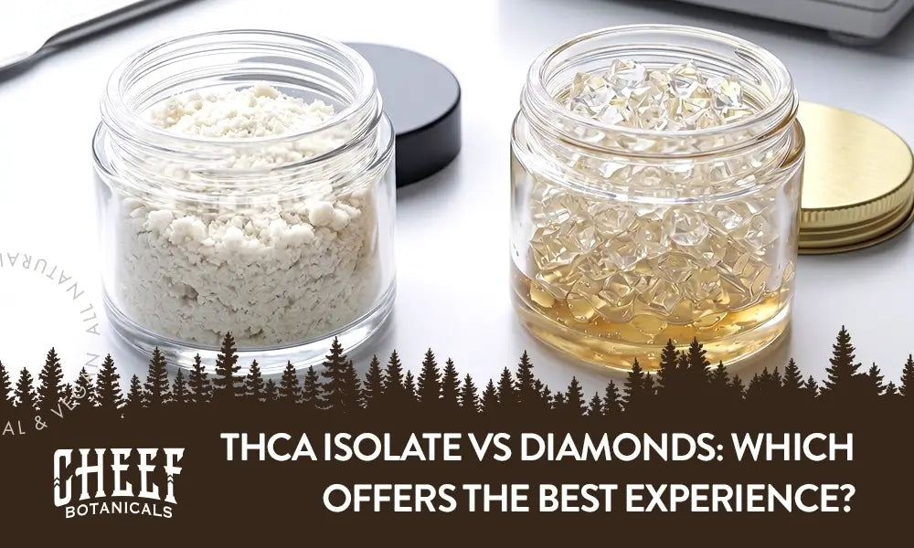 THCA Isolate vs Diamonds featured blog image by Cheef Botanicals. Shows a side by side visual comparison of both concentrates in small jars