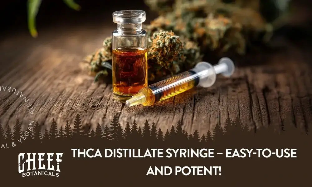 A syringe filled with THCa distillate with the title "THCa distillate syringe".