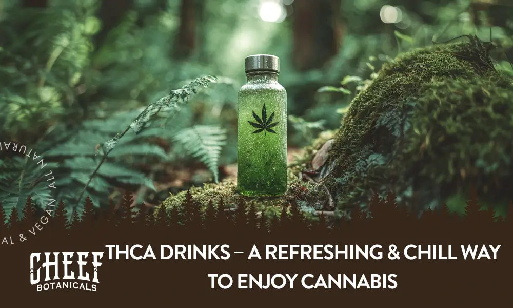 A green THCa drink in a bottle sitting in the forest.