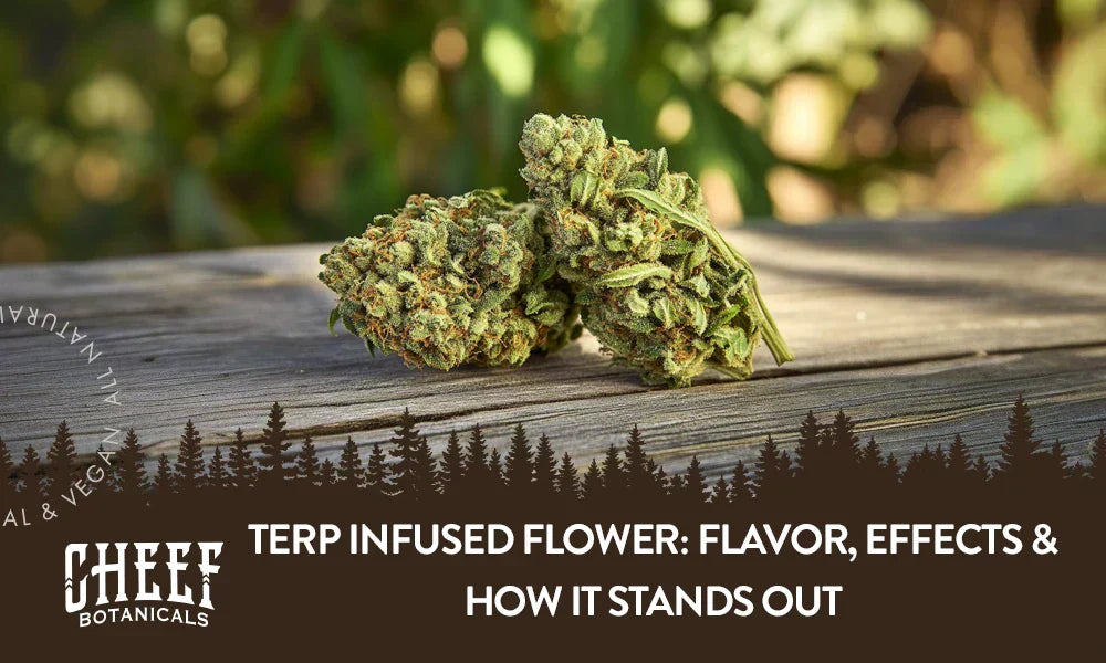 Two terp infused flower buds sitting on a wooden table.