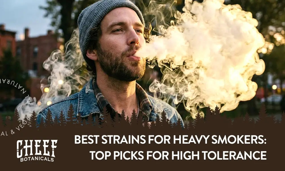 Best Strains for Heavy Smokers (featured blog image by Cheef Botanicals) shows a man blowing out a large, thick cloud of cannabis smoke.