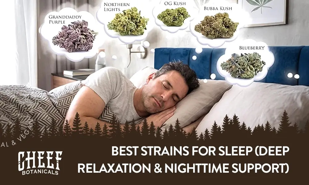 Best Strains for Sleep featured blog image by Cheef Botanicals. Show a man sleeping with dream thought bubbles above his head containing different indica strains.