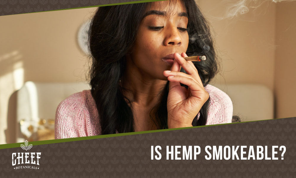 Can You Smoke Hemp featured blog image shows blog the blog title and a woman hitting a hemp blunt.