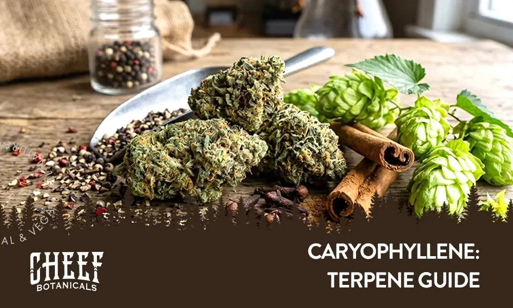 Caryophyllene Terpene featured clog image by Cheef Botanicals. Shows cannabis buds with pepper, cinnamon, and hops close by