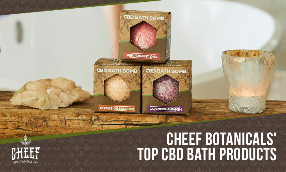 cbd bath products (featured blog image by Cheef Botanicals) shows CBD bath products and bath accessories