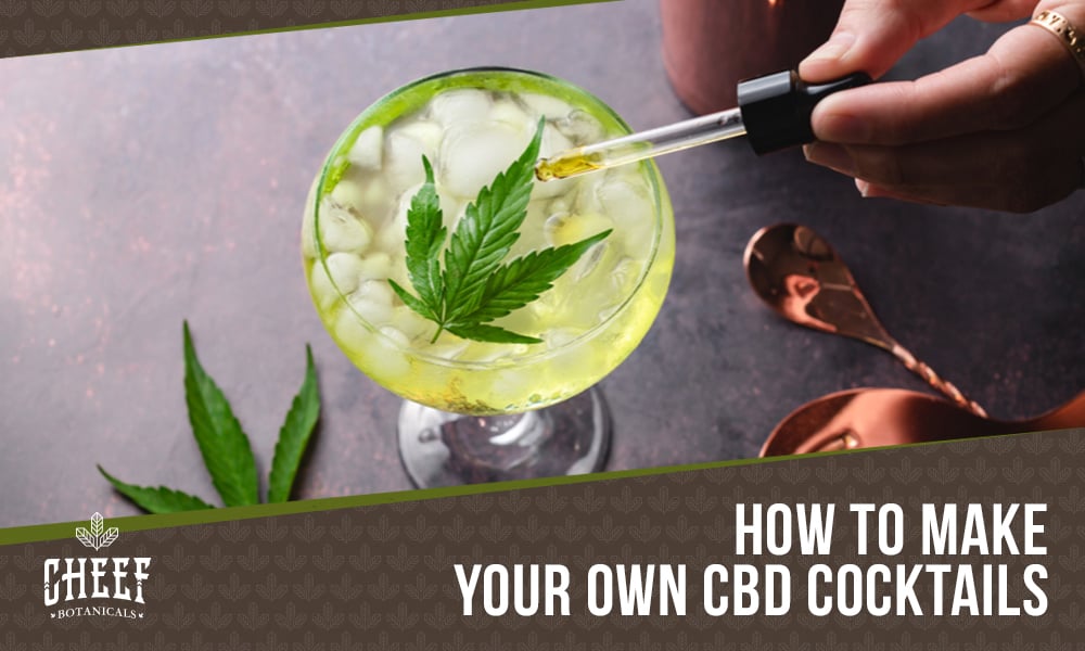 CBD Cocktails blog image by Cheef Botanicals. Shows a hand squeezing some CBD oil from a dropper into a green cocktail drink.