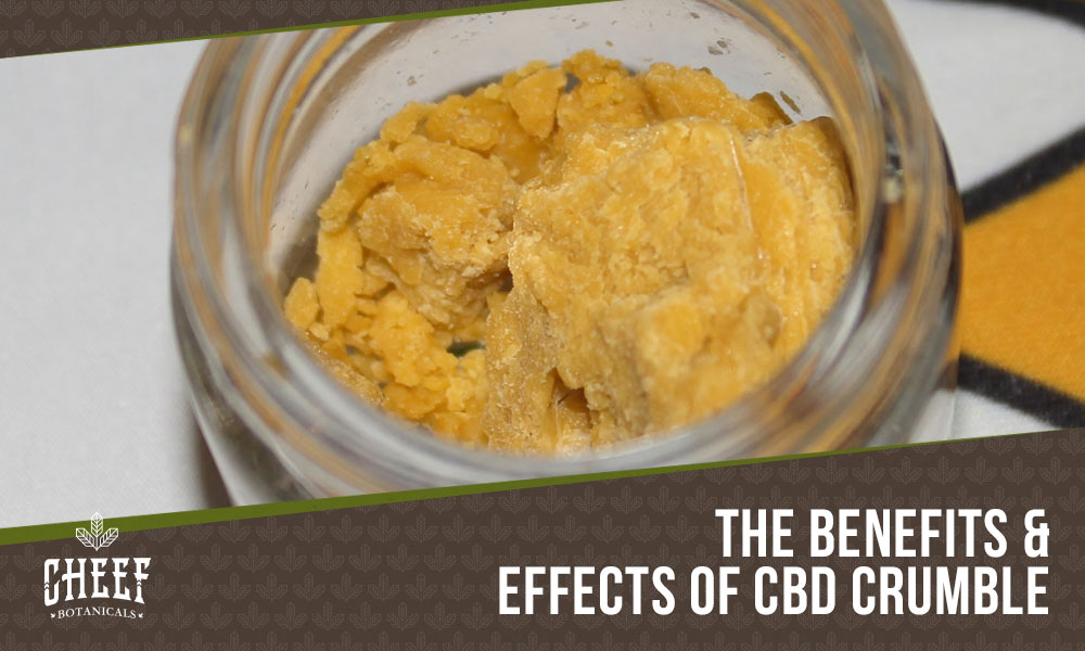 CBD Crumble informational blog image by Cheef Botanicals. Shows a close up image of crumble concentrate in a 1 gram glass container.