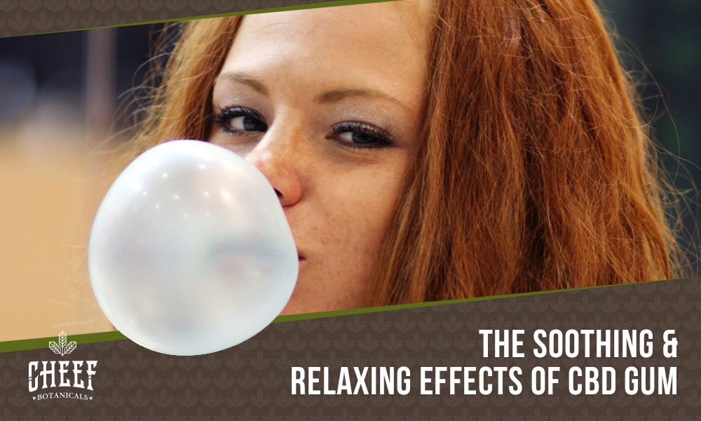 CBD Gum (featured blog image by Cheef Botanicals) Show a woman blowing a large gum bubble from her mouth.