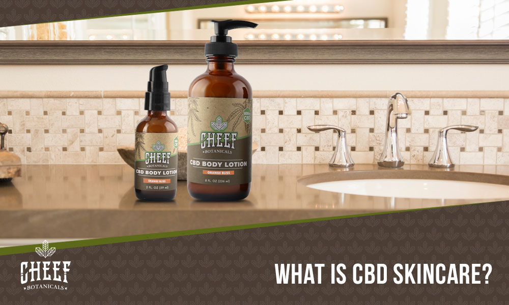 CBD skin care (featured blog image by Cheef Botanicals) shows Cheef Botanicals CBD skin care products on top of bathroom sink