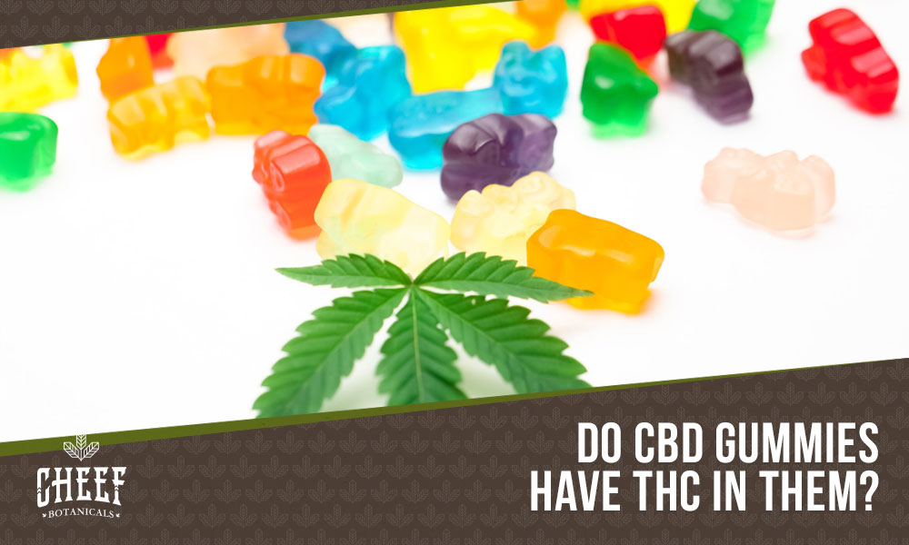 Do CBD Gummies Have THC (featured blog image by Cheef Botanicals). Shows some CBD gummies and a cannabis leaf.