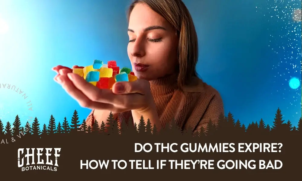 Do THC Gummies Expire blog featured image by Cheef Botanicals. Shows a brunette woman smelling a handful of cannabis gummies.