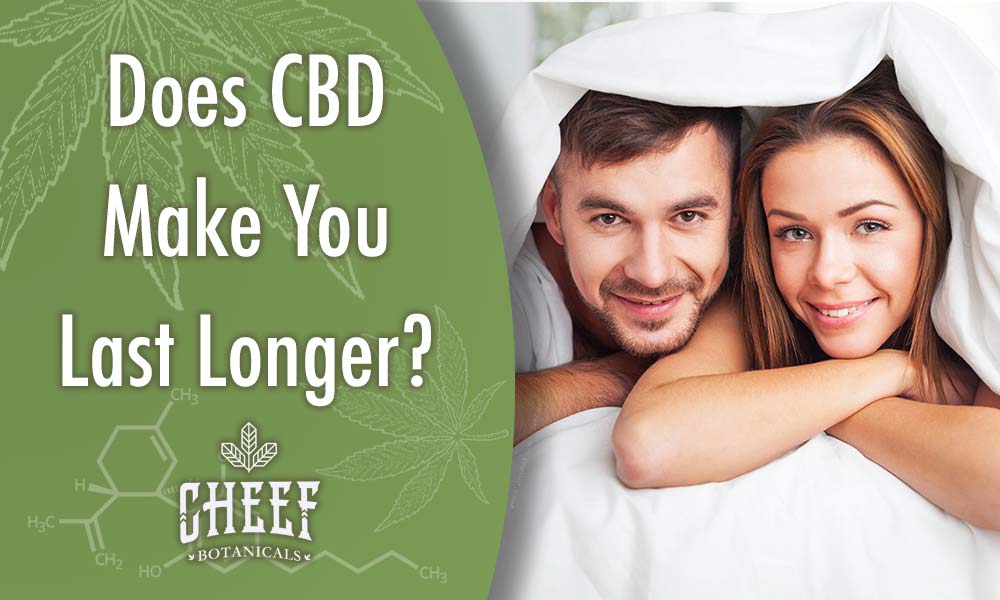 Does CBD Make You Last Longer In Bed (featured blog image by Cheef Botanicals) shows a man and woman poking their heads out from the bed cover.