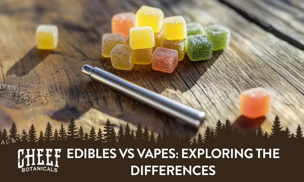 Edibles vs Vapes featured blog image by Cheef Botanicals. Show cannabis gummy cubes and a cannabis vape pen on a wooden surface.