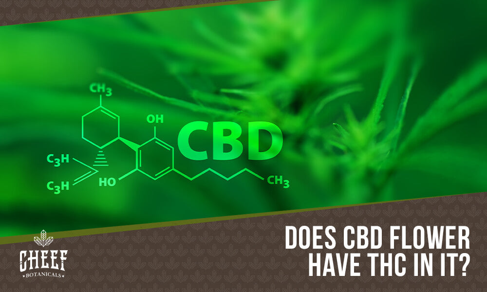 how much thc is in cbd flower (featured blog image by Cheef Botanicals) shows the molecular structure of CBD on a blurred background image of CBD plants