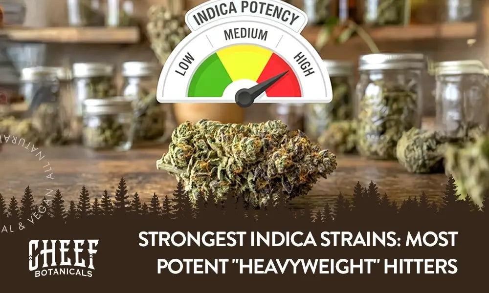 Strongest Indica Strains (Cheef Botanicals featured blog image) shows canabis bud with a Indica Potency guage hovering above it that reads "high"