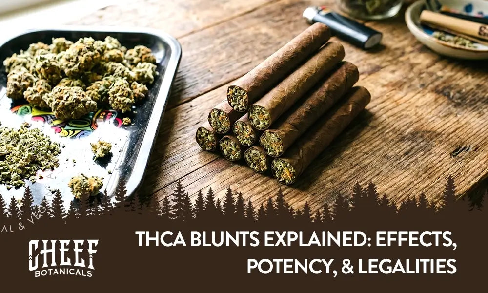 THCa Blunts featured blog image by Cheef Botanicals. Shows a stack of hand-rolled blunts stacked in a pyramid shape with some cannabis buds and ground shake on a rolling tray.