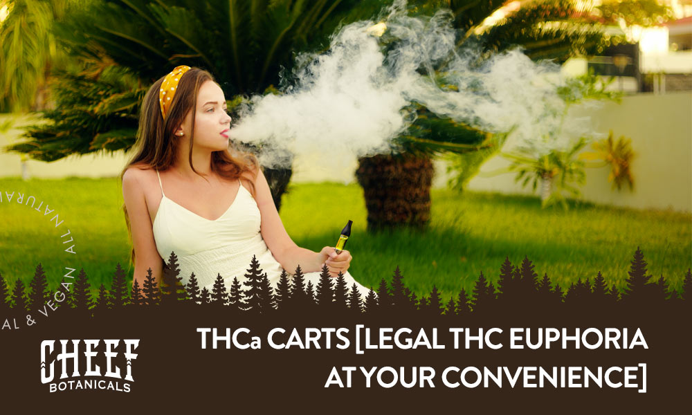 thca carts (featured blog image by Cheef Botanicals) shows a woman blowing out a large vape cloud