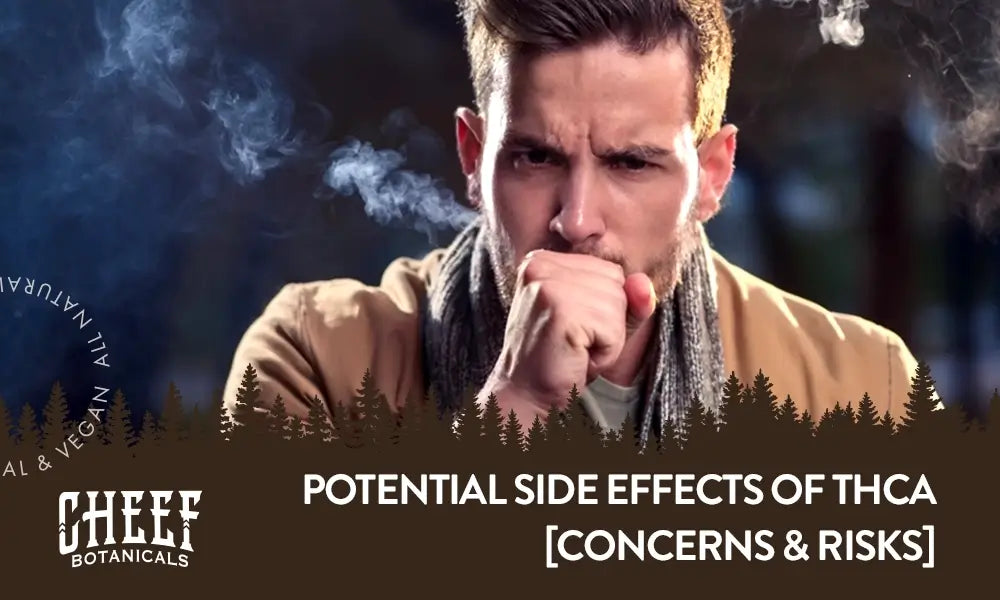 THCA Side Effects featured blog image by Cheef Botanicals. Shows a man coughing from smoking THCa flower.