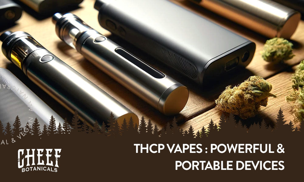 THCP Vapes (Cheef Botanicals' featured blog image). Shows some different types of vapes next to some cannabis buds.