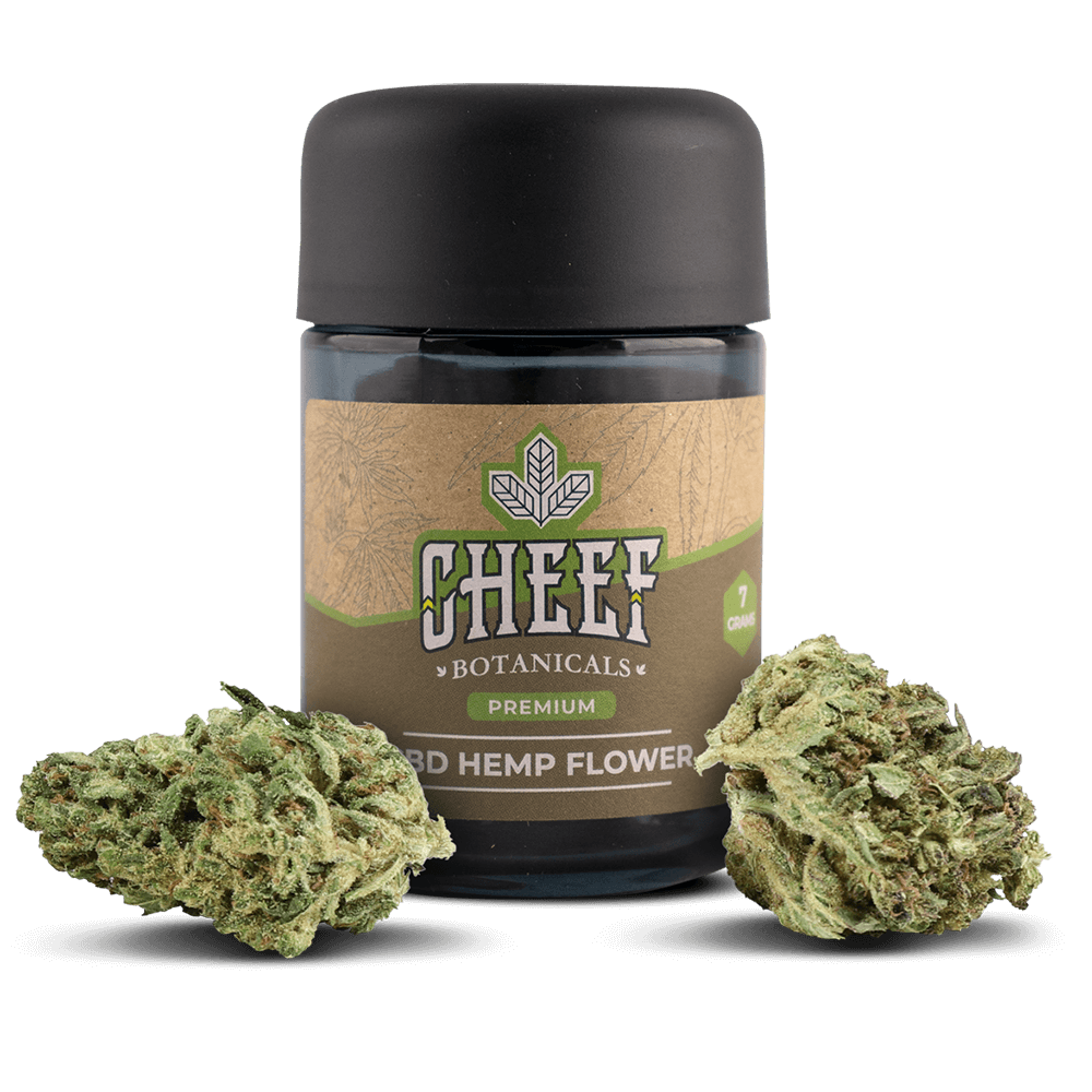 Cheef Botanicals CBD Hemp Flower OG Kush Jar With Flower in Front Of It