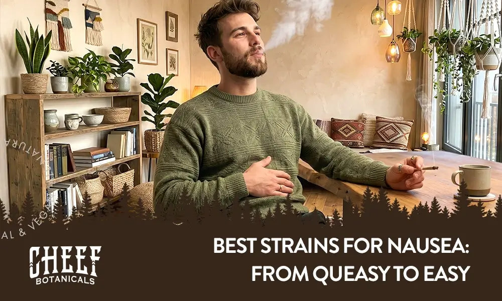Best Strains for Nausea (featured blog image by Cheef Botanicals) show a man smoking a joint and rubbing his stomach. 