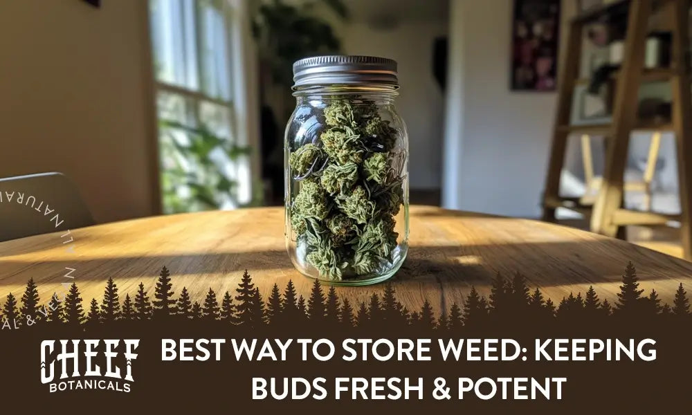 Best Way to Store Weed (featured blog image by Cheef Botanicals) shows a sealed glass mason jar filled with cannabis buds. 