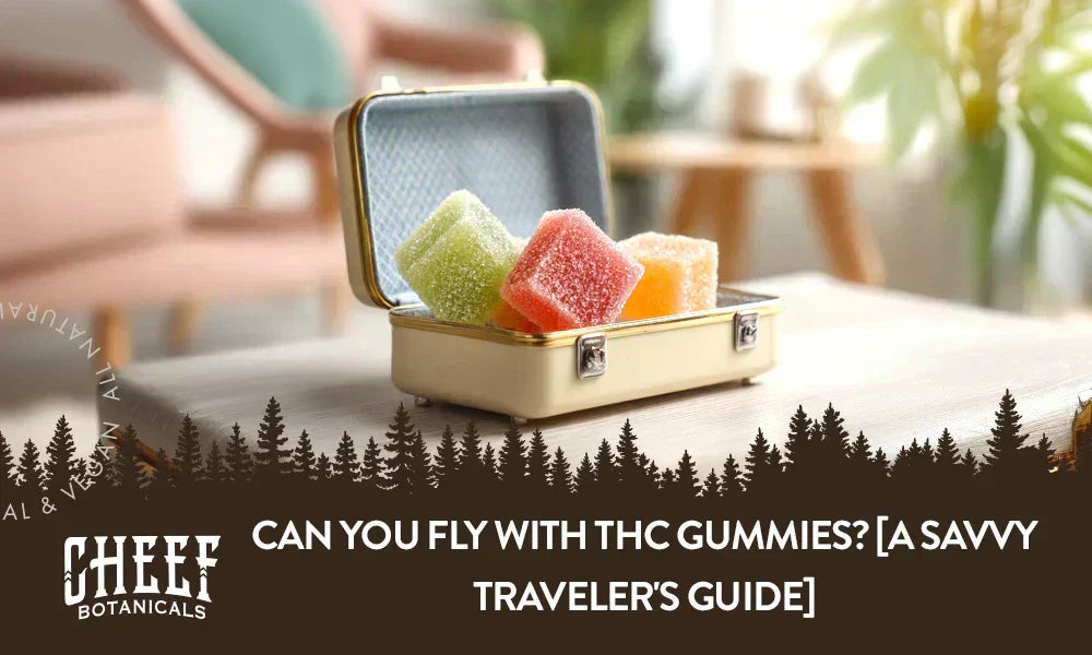 A couple of square cannabis gummies sitting in a suitcase with the title "Can you fly with THC gummies".
