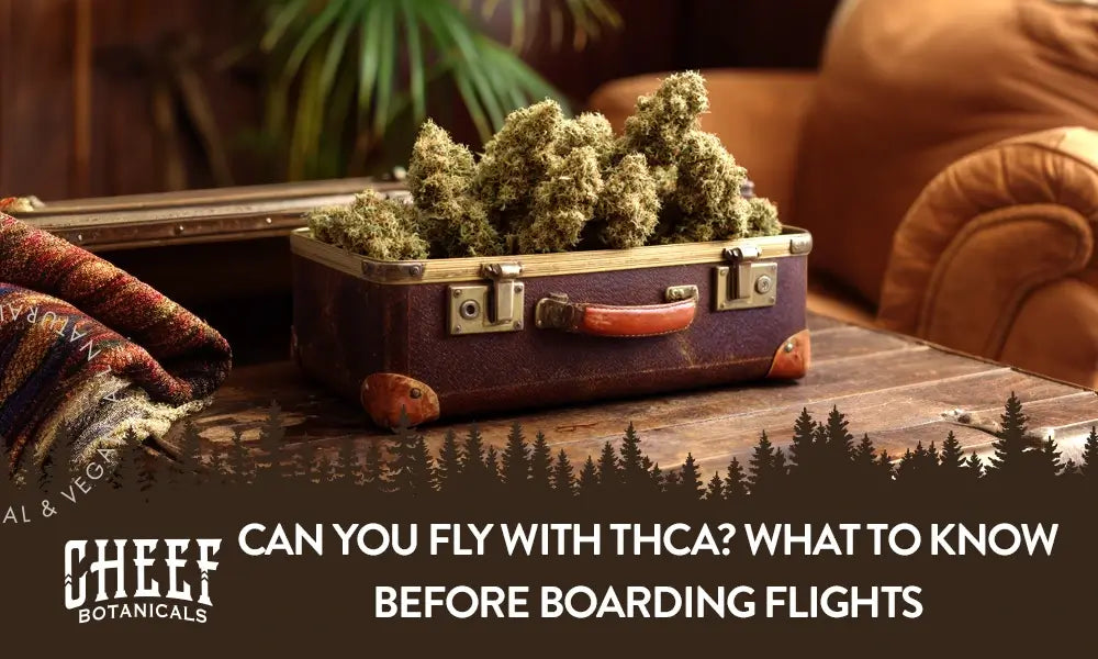 A suitcase filled with THCa buds with the title "Can you fly with THCa".