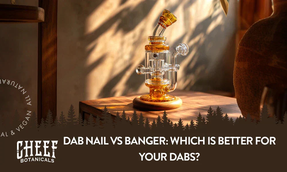A dab rig sitting on a wooden table with the title "Dab nail vs banger".