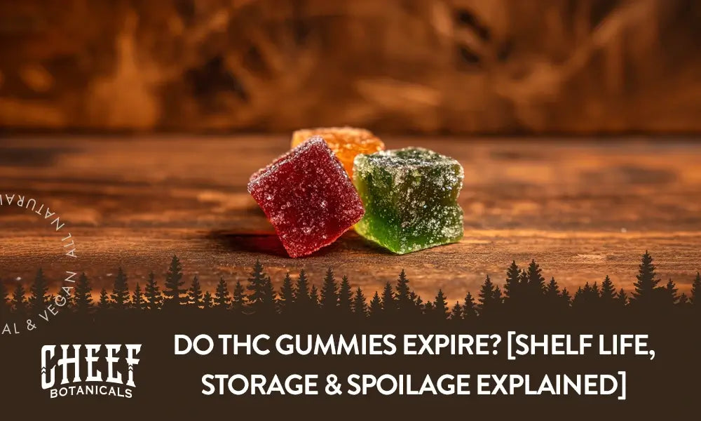 A couple of THC gummies sitting on a wooden table with the title "Do THC gummies expire".