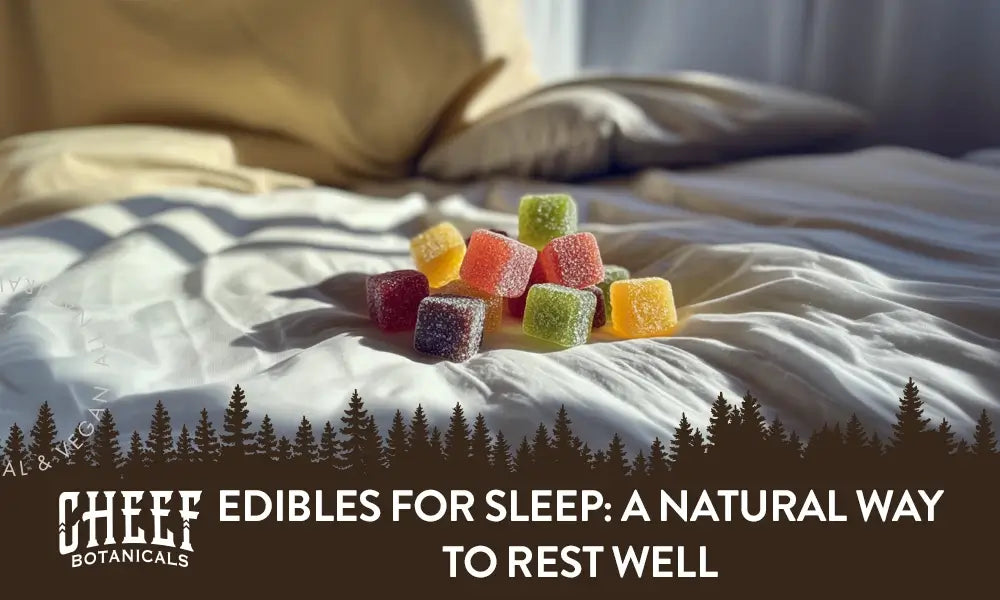 edibles for sleep (featured blog image by Cheef Botanicals) shows CBD gummies on a bed